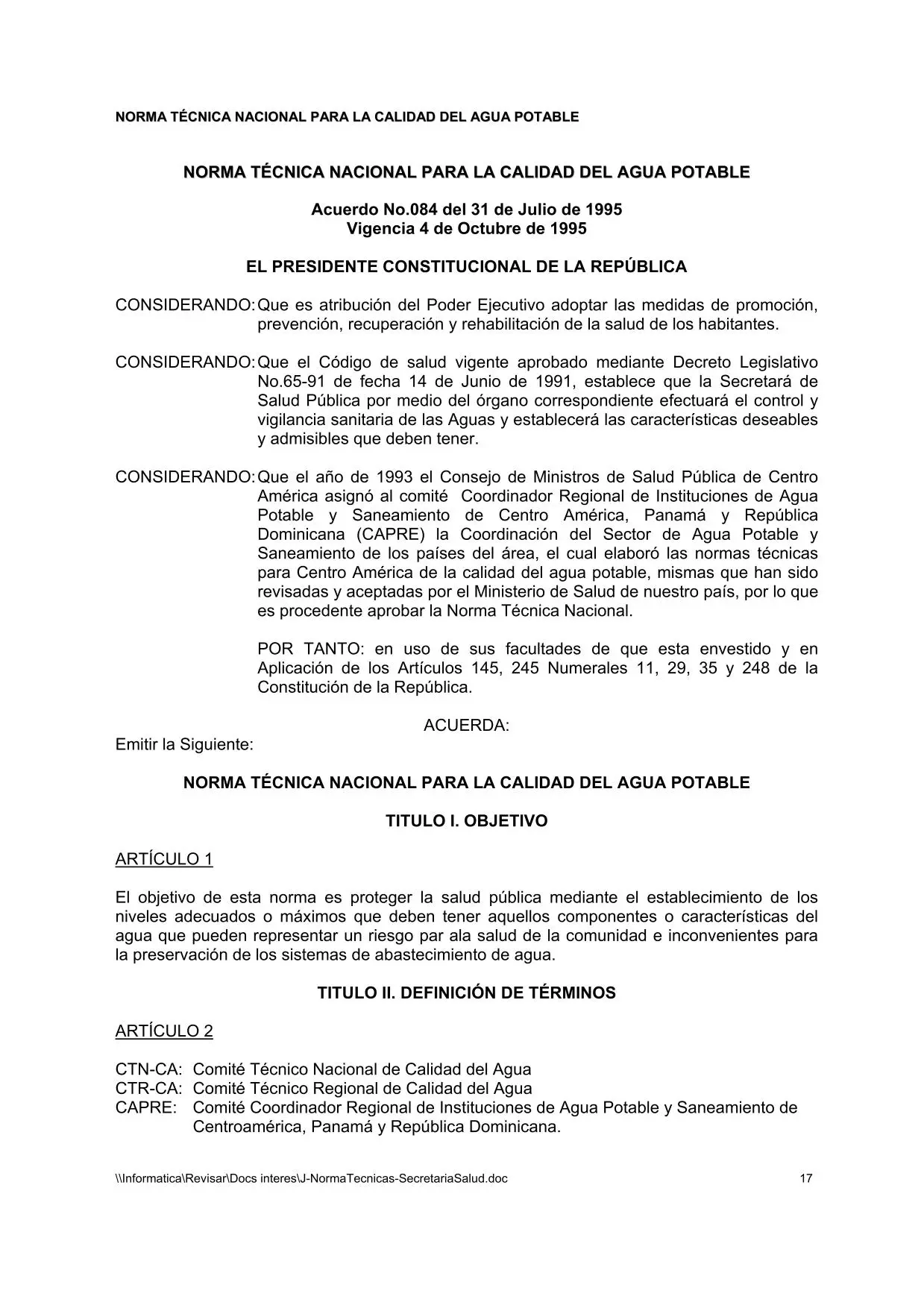 Norma técnica para caldiad de agua potable
